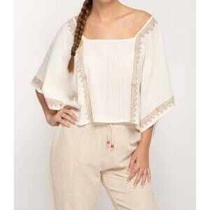 NEW NIKKY APPARELS geometric trim cropped top in cream/brown